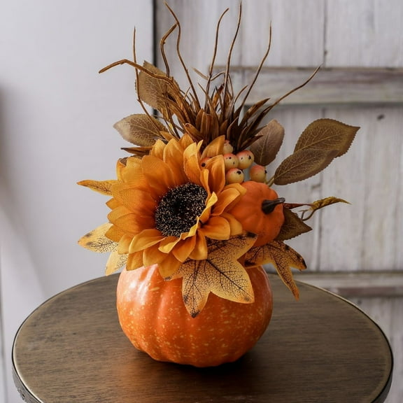 Artificial Pumpkin Fall Centerpieces for Tables Fake Sunflower Berries Maple Leaves Plants Potted Rustic Thanksgiving Floral Arrangements in Pumpkin Pots for Kitchen Home Wedding Mantel Decor