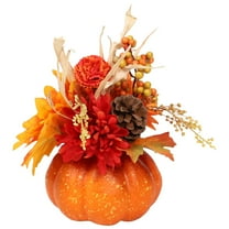 Artificial Pumpkin Fall Decor, Pumpkin Centerpieces, Autumn Table Centerpieces with Red Faux Flowers, Maple Leaves, Pumpkin, Thanksgiving & Harvest Home Decoration