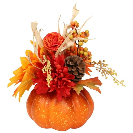 Artificial Pumpkin Fall Decor, Pumpkin Centerpieces, Autumn Table Centerpieces with Red Faux Flowers, Maple Leaves, Pumpkin, Thanksgiving & Harvest Home Decoration