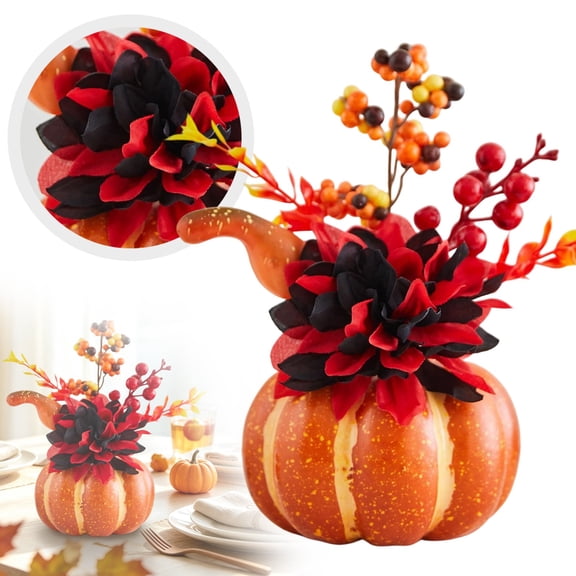 Artificial Pumpkin Fall Table Centerpiece, Faux Pumpkin Arrangement with Autumn Flowers and Mixed Berries, Thanksgiving Tabletop Pumpkin Decor, Farmhouse Floral Pumpkin Table Ornament
