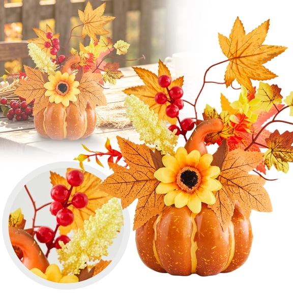 Artificial Pumpkin Fall Table Centerpiece, Harvest Faux Pumpkin Arrangement with Maple Leaves Sunflowers and Red Berries, Autumn Thanksgiving Tabletop Pumpkin Decor, Fall Pumpkin Table Ornament