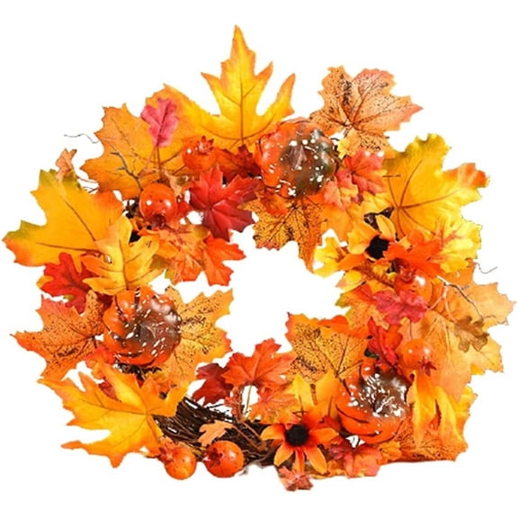 Artificial Pumpkin Fall Wreath, Autumn Theme Artificial Wreath with Maple Leaves, Fake Pumpkin Flower Garland for Halloween Thanksgiving Day Wedding Front Door Wall Hanging Home Decor