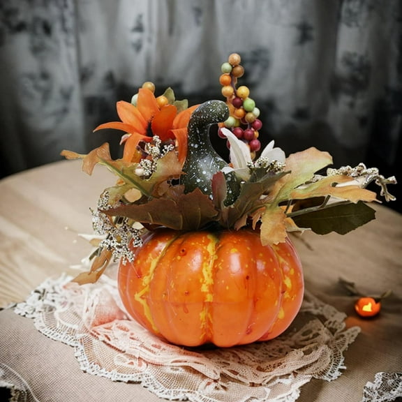 Artificial Pumpkin Flowers Fall Pumpkin Centerpiece Artificial Floral Arrangement Ornament Thanksgiving Decoration for Fireplace Shelf Decor Green Melon