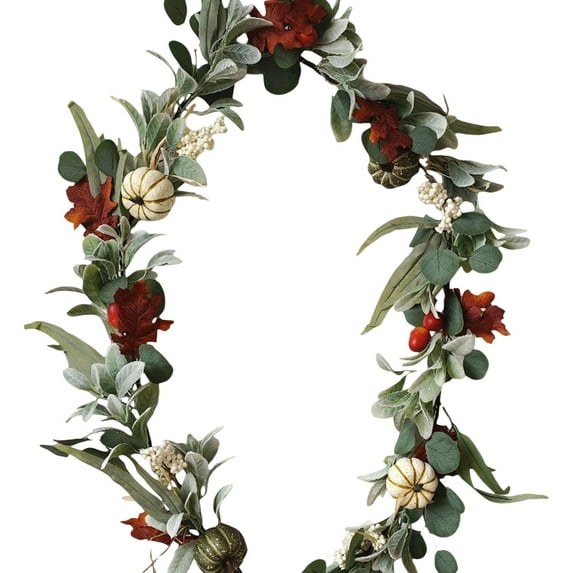 Artificial Pumpkin Garland with Eucalyptus Leaves and Acorns for Autumn Thanksgiving and Fall Harvest Home Decoration Indoor Outdoor Use