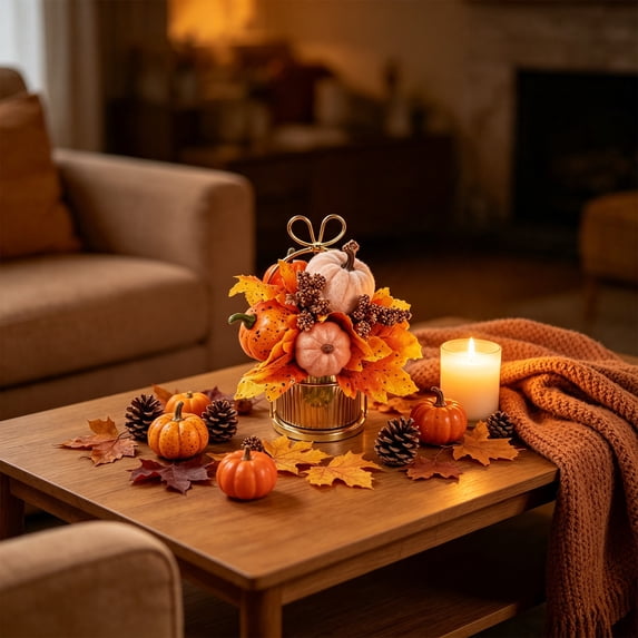 Artificial Pumpkin, Maple Leaf, Fall Floral Centerpiece with Metal Basket for Home Tabletop Decor and Thanksgiving Ornament