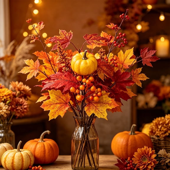 Artificial Pumpkin Maple Leaf Fall Floral Stem, Reshapable Bendable Structure Long Term Use Low Weight Foliage Pick, Centerpiece Supply for Vase Halloween Thanksgiving Harvest Party Arrangement