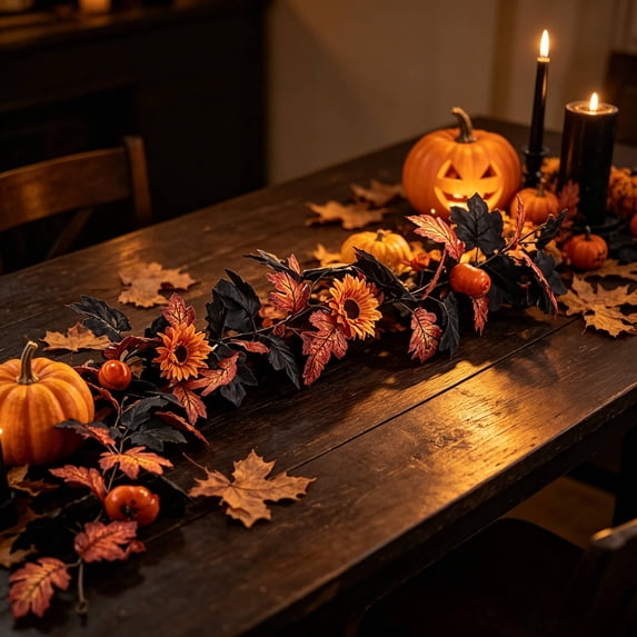 Artificial Pumpkin Maple Leaf Garland Fall Harvest Vine with Faux Flowers for Thanksgiving Halloween Fireplace Mantel Door Wall Home Decor 68.9 inch B