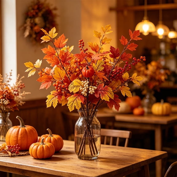 Artificial Pumpkin Maple Leaf Pick, Fall Vase Filler For Thanksgiving Decor, 17.3 in