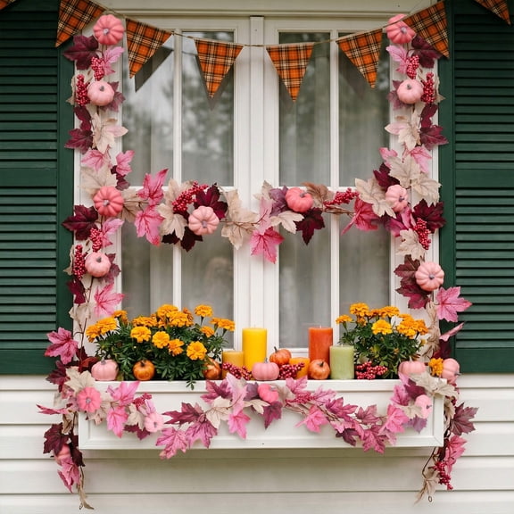 Artificial Pumpkin Maple Leaf Vine Garland, Fall Thanksgiving Hanging Foliage Rattan, Themed Decor for Window Door Wall Porch Home Autumn Harvest Holiday Decoration, Pink