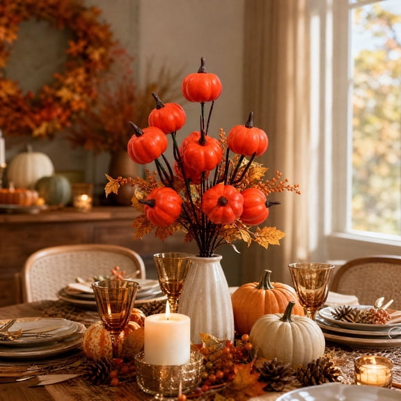 Artificial Pumpkin Picks Fall Autumn Harvest Floral Stems Velvet Branch Accent For Vase Arrangement Thanksgiving Dinner Table Centerpiece Decor 13.39in