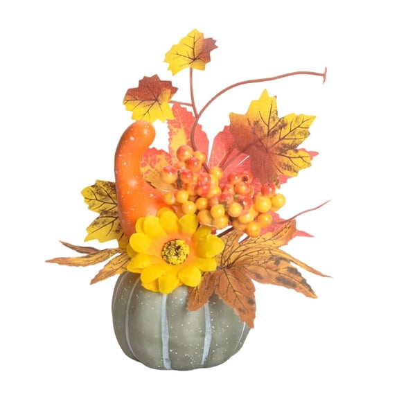 Artificial Pumpkin Tabletop Centerpiece, Fall Mini Pumpkin Arrangement with Sunflower Maple Leaves Berry, Harvest Faux Pumpkin Desktop Decor, Farmhouse Thanksgiving Small Artificial Pumpkin Bouquet
