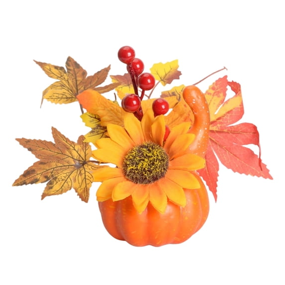 Artificial Pumpkin Tabletop Centerpiece, Fall Mini Pumpkin Arrangement with Sunflower Maple Leaves Berry, Harvest Faux Pumpkin Desktop Decor, Farmhouse Thanksgiving Small Artificial Pumpkin Bouquet