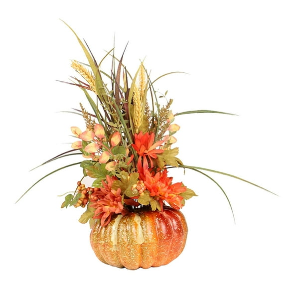Artificial Pumpkin with Flowers Floral Arrangement for Tabletop Home Autumn