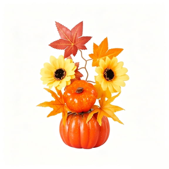 Artificial Pumpkin with Maple Leaves for Halloween Decorations, Fall Harvest Autumn Faux Gourd Display, Festive Table Centerpiece Home Room Decor,B
