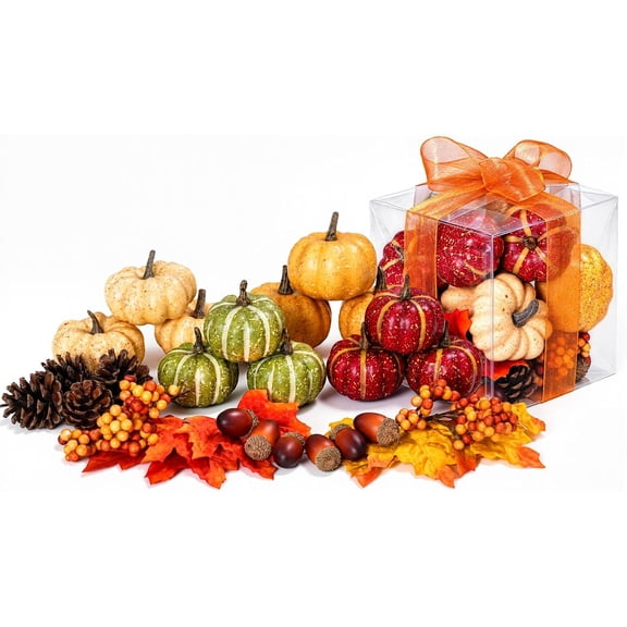 30Pcs Artificial Pumpkins Set, Assorted Fall Fake Pumpkins Acorns Pine Cones Berries Maple Leaves, Fall Decor for Halloween Thanksgiving Home Mantel Tabletop