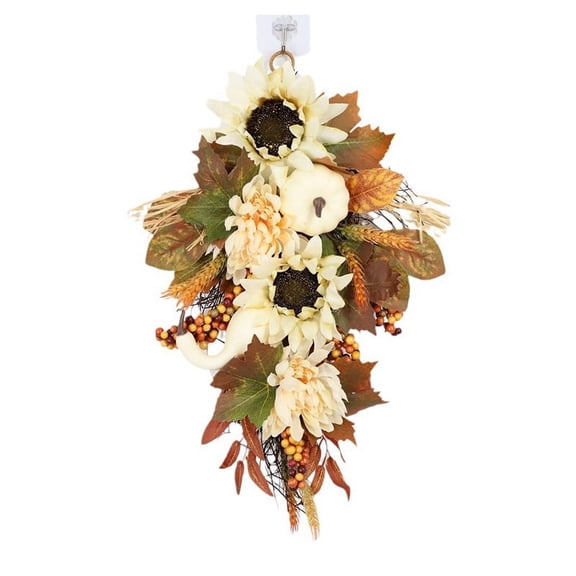 Artificial Pumpkins Wreaths White Sunflower Autumn Wreath with Leaves Flower Fall Door Garland Thank silk flower
