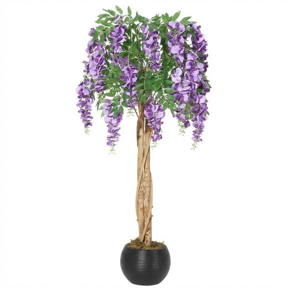 Artificial Purple Blossom Tree Double Trunk - Lifelike Silk Flowering Tree with Mossy Boughs, Faux Plant for Home Decor Indoor Outdoor, Housewarming