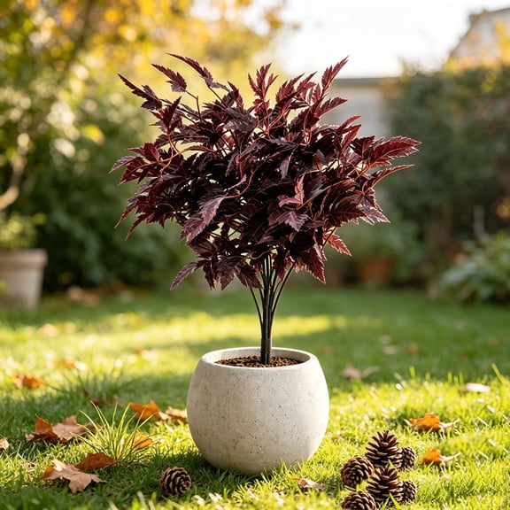 Artificial Purple Leaf Stake, Faux Dark Purple Bush Stem with Black Insert, Realistic Artificial Greenery Branch for Home Garden Floral Wedding Halloween Indoor Outdoor Decor