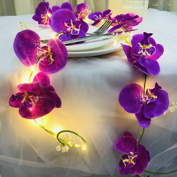 Artificial Purple Orchid Vine Lights,Faux Phalaenopsis and Lily of The Valley Flower Vine Garland with 2 m 20LED Battery Powered Fairy String Lights for Valentines Day Wedding Party Arrangement