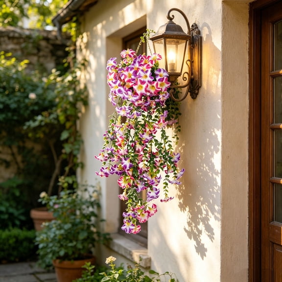 Artificial Purple & Pink Morning Glory Hanging Vine, Faux Trailing Petunia Flower Bouquet, Fake Hanging Plant for Indoor/Outdoor Porch and Patio Decor
