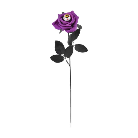 Artificial Purple Rose with Eyeball Halloween Skeleton Hand Floral Stem Creepy Faux Flowers for Gothic Home Decor Spooky Party Scene Layout, 14 Inch Purple