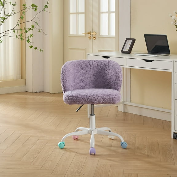 Artificial Rabbit Hair Office Chair, Home Desk Chair with Metal Base, Adjustable Height, 360° Swivel Vanity Chair, Violet Faux Fur Seating for Bedroom, Study, Makeup Area