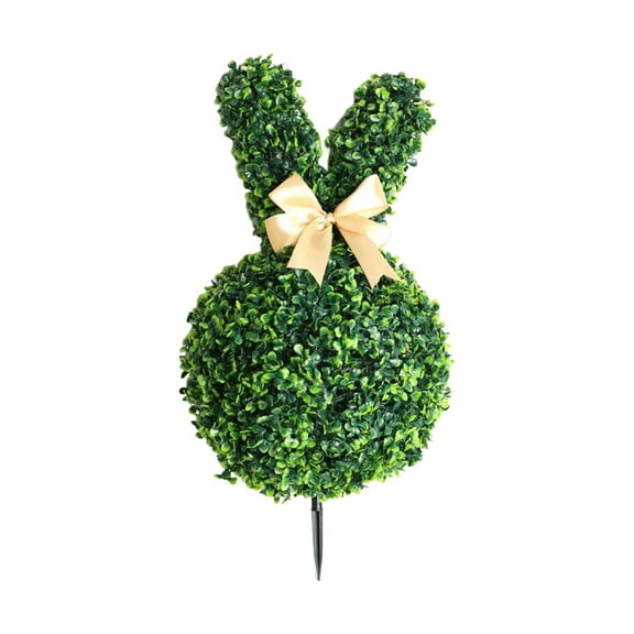 Artificial Rabbit-Shaped Boxwood Topiary Ball Bush for Outdoor with Spike&Bows,UV Resistant Faux Boxwood Ball Tree with Stake, Fake Round Topiary Shrub Plant for Front Porch Planter(Green,19.7x7.1")