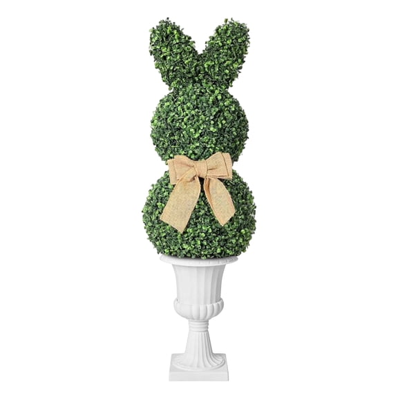 Artificial Rabbit Topiary Trees, Easter UV-Resistant Faux Boxwood Rabbit Shaped Topiaries with Classic Planter Pot & Bowknot, Simulated Insect Decor for Indoor Outdoor Porch Easter Decorations