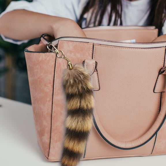 Artificial Racoon Tail 11 Inch, Faux Fur Animal Tail Keychain Holder Fluffy Pendant Charms Chain Ring Hook Tassels