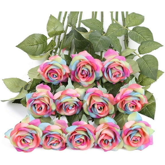 Artificial Rainbow Flowers, Rainbow Roses Bouquet Fake Rainbow Roses Real Touch Roses Silk Flowers for Floral DIY Home Wedding Decor Party Garden Bridal Bouquets Decorations (Rainbow)