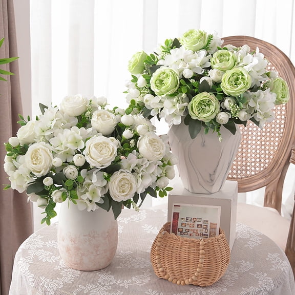 Artificial Ranunculus Floral Bouquet With Flocked Foliage Fake Silk Flowers For Wedding Centerpiece And Festive Decor Style A