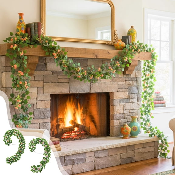 Artificial Rattan Flower Vine Garland | Faux Rose Blooms & Green Leaves | Plastic Simulation Floral Décor | 200 cm | Orange Pink | Home Event Wedding | 1 Pc