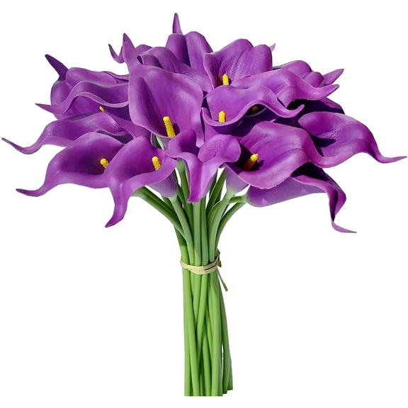 Artificial Real Touch Calla Lily with Small Bloom, Set of 5 for Making Bouquet Boutonniere Corsage, Wedding Party Floral Craft Supply Purple