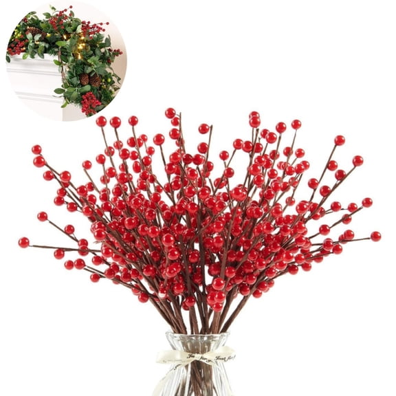 Artificial Red Berries Branches,Pack of 12 Holly Berry Branches,QZS Durabke Fake Christmas Ornaments for DIY Floral,Art Plant,13.8in