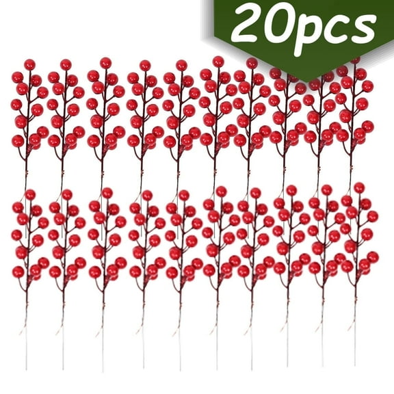 Artificial Red Berry Stems Christmas Decorations Burgundy Red Berry Picks Holly Berries Branches for Christmas Tree Crafts Wedding Holiday Season Winter Home Decor 8" 20Pcs
