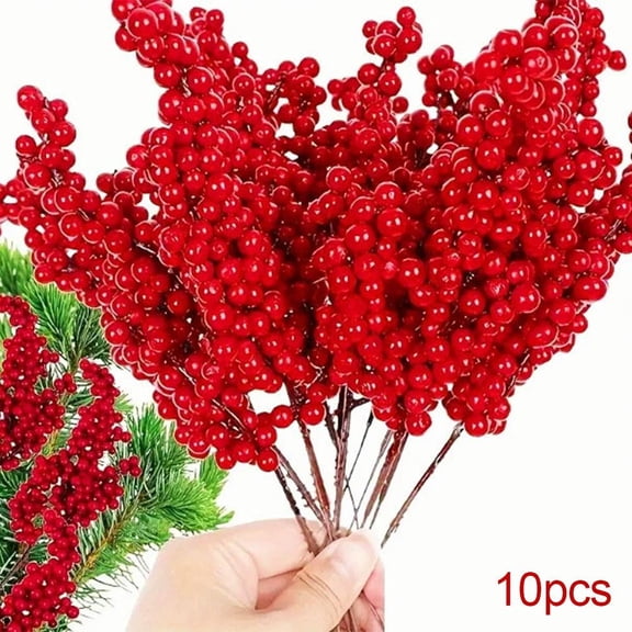Artificial Red Berry Stems, Christmas Red Berries Faux Berry Picks for Christmas Tree, Reds Holly Berries Branches for Xmas Floral Arrangements Vase Decorations