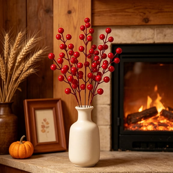 Artificial Red Berry Stems Set of 10, Faux Red Berry Picks for Christmas Vase Arrangement, Wreath DIY Crafts, Holiday Home Table Decor