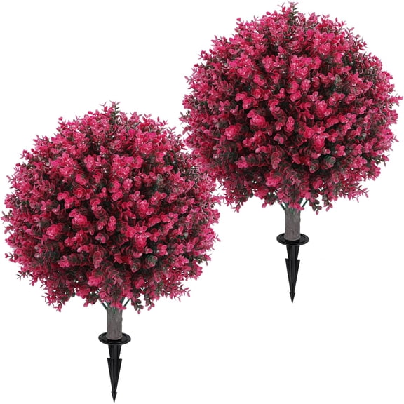 Artificial Red Euc Topiary Ball Tree 24" with Ground Spike, Set of 2 Artificial Boxwood Bushes for Faux Shrubs, Fake Evergreen Faux Plant for Indoor Outdoor Garden -UV ResistantFade-Proof