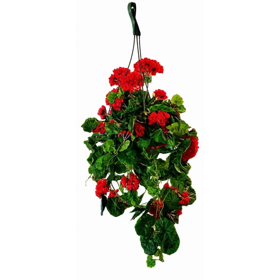 Laughing Moose Gifts Faux Geranium Hanging Basket, UV Resistant Red Silk Flowers (Red)