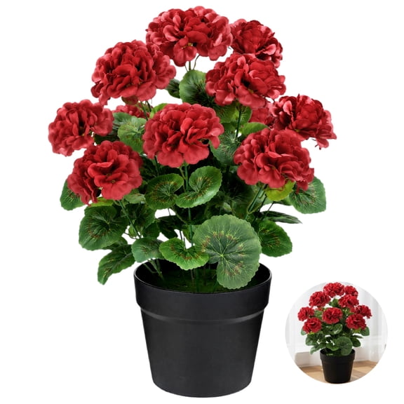 Artificial Geranium Potted Plant,15.7 in Tall Red Geraniums Fake Flowers with 4.3 in Pot,Plastic Potted Plants for Outdoor Front Porch Garden Home Office Farmhouse Table Decor