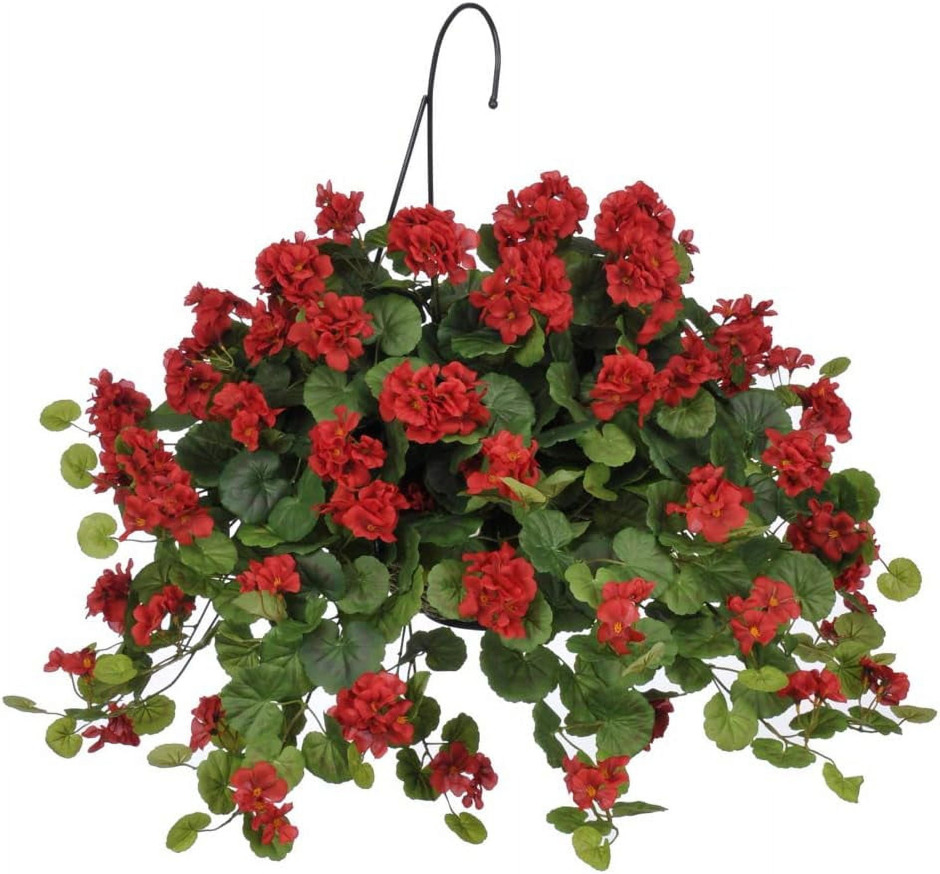 Artificial Red Geranium (WT) in Water Hyacinth Hanging Basket (White