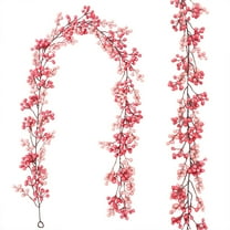 Artificial Red-Pink Berries Garland with Eucalyptus Leaves, 6.56FT Faux Vines Hanging Green Garland, Fake Greenery Garlands for Wedding Backdrop, Arch Wall Decor