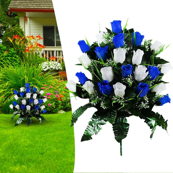 Artificial Red Rose Bouquet, Cemetery Grave Memorial Flowers, UV Resistant Fake Roses with Stems, Waterproof No Fade Flowers for Cemetery Decoration, Memorial & Loved Ones Tribute