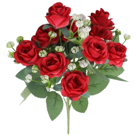 Artificial Red Rose Bouquets, Realistic Silk Mini Roses with Baby’s Breath & Green Leaves, Fake Flower Bundles for Wedding, Home Decor, Floral Arrangements, Party Centerpieces, Indoor Use