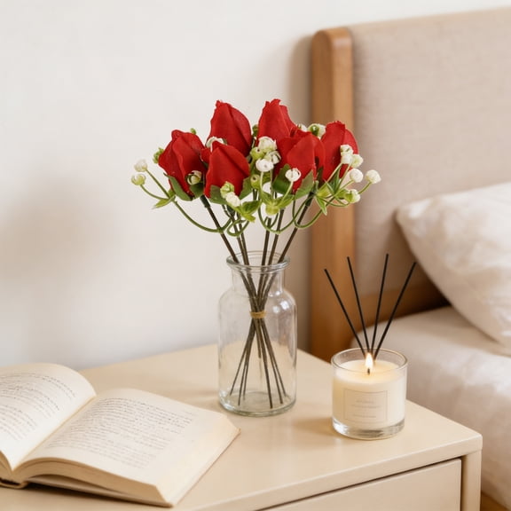 Artificial Red Rose Flowers,6PC,Silk Faux Rose Bouquet Stems,for Wedding,Cemetery,Grave,Valentine’s Day Home Table Decor Indoor Outdoor Multiple Colors Available