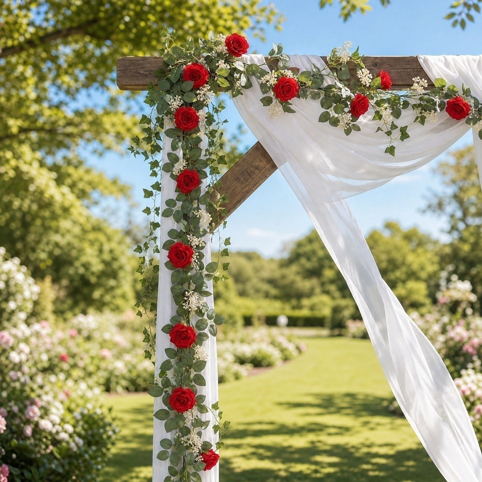Artificial Red Rose Garland, Faux Floral Vine with Berries 