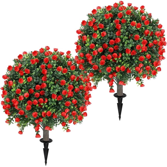 Artificial Red Rose Topiary Ball Tree 25 Inch with Ground Spike Set of 2 Boxwood Bushes UV Resistant