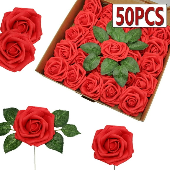 Artificial Red Rose Valentines Fake Roses for DIY Valentines Wedding Baby Shower Home Party Decoration 50Pcs