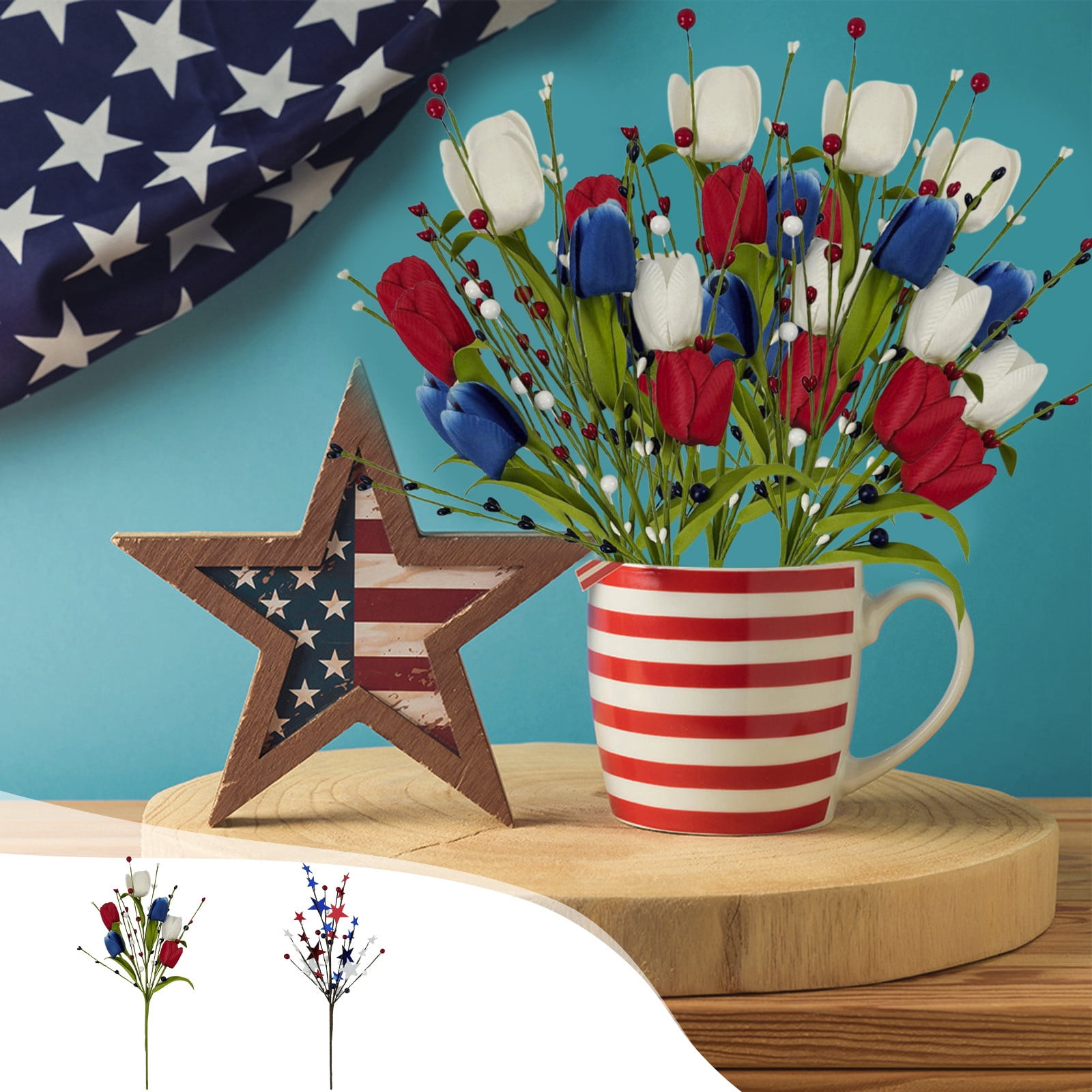 Artificial Red White & Blue Berry Stem Pick, Patriotic Faux Branch for ...