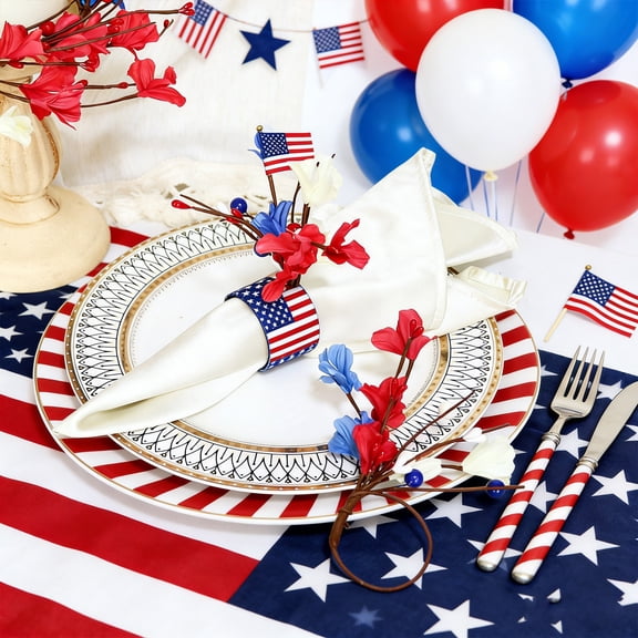 Artificial Red White Blue Floral Napkin Rings Holders Decorative Table Setting Party Decor Flower Ring Napkin Buckle Home Dining Kitchen Wedding Event Centerpiece Accessories Gift New Set